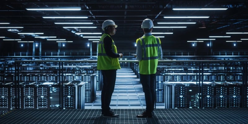 Two people wearing hardhats and safety vests stand on a platform overlooking a dimly lit data center.